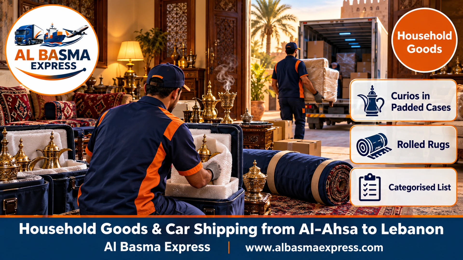 A female packer wrapping brass coffee pots in padded cases and a rug rolled in a fabric cover in a sitting room of an Al-Ahsa home