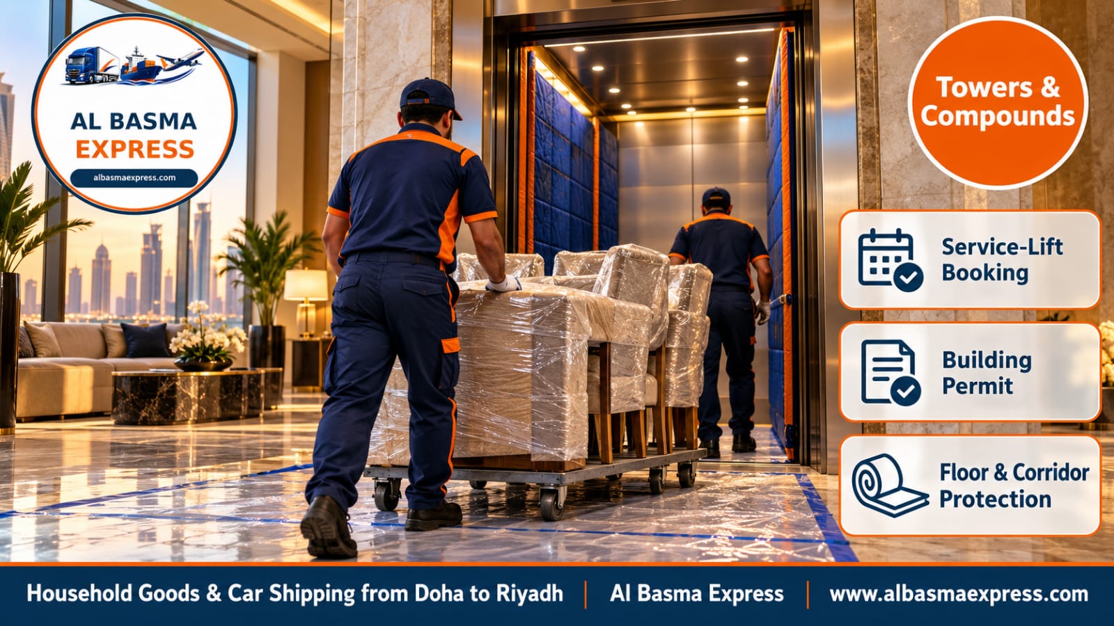 Wheeling a wrapped table into the service lift of a residential tower in Doha