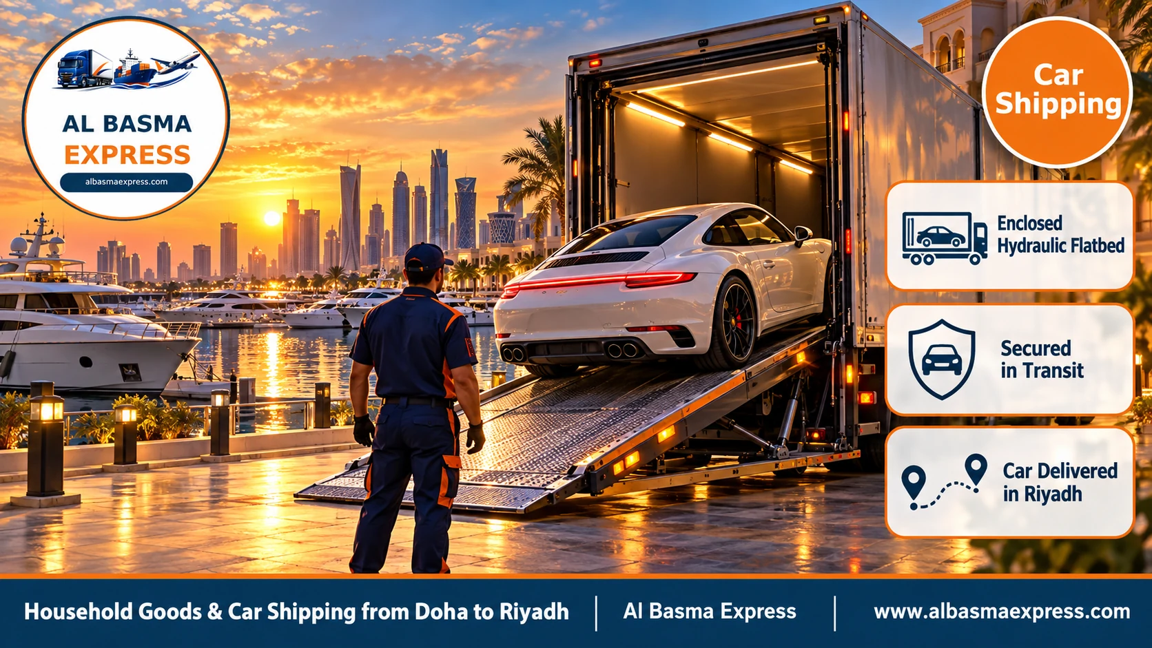 A sports car on an enclosed hydraulic flatbed at a marina on The Pearl in Doha before shipping to Riyadh