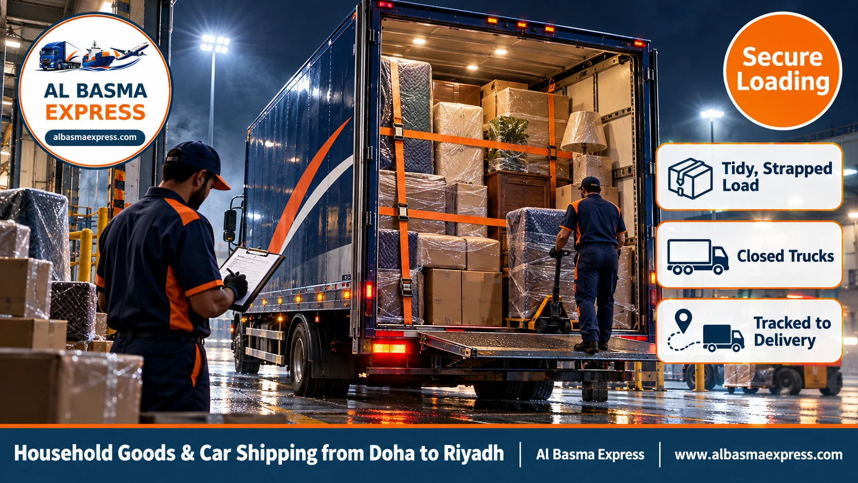 A tidy, strapped load inside a closed truck at a loading dock at night before leaving for Riyadh