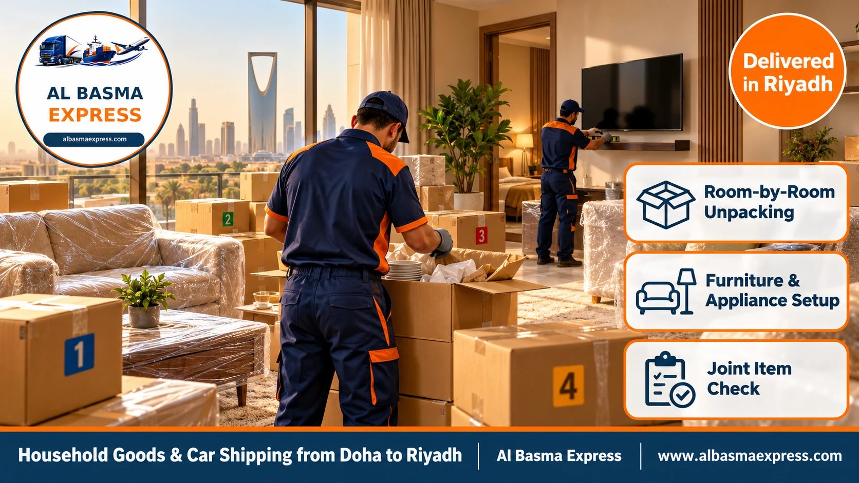 Colour-coded numbered boxes placed room by room in a Riyadh apartment after moving from Doha