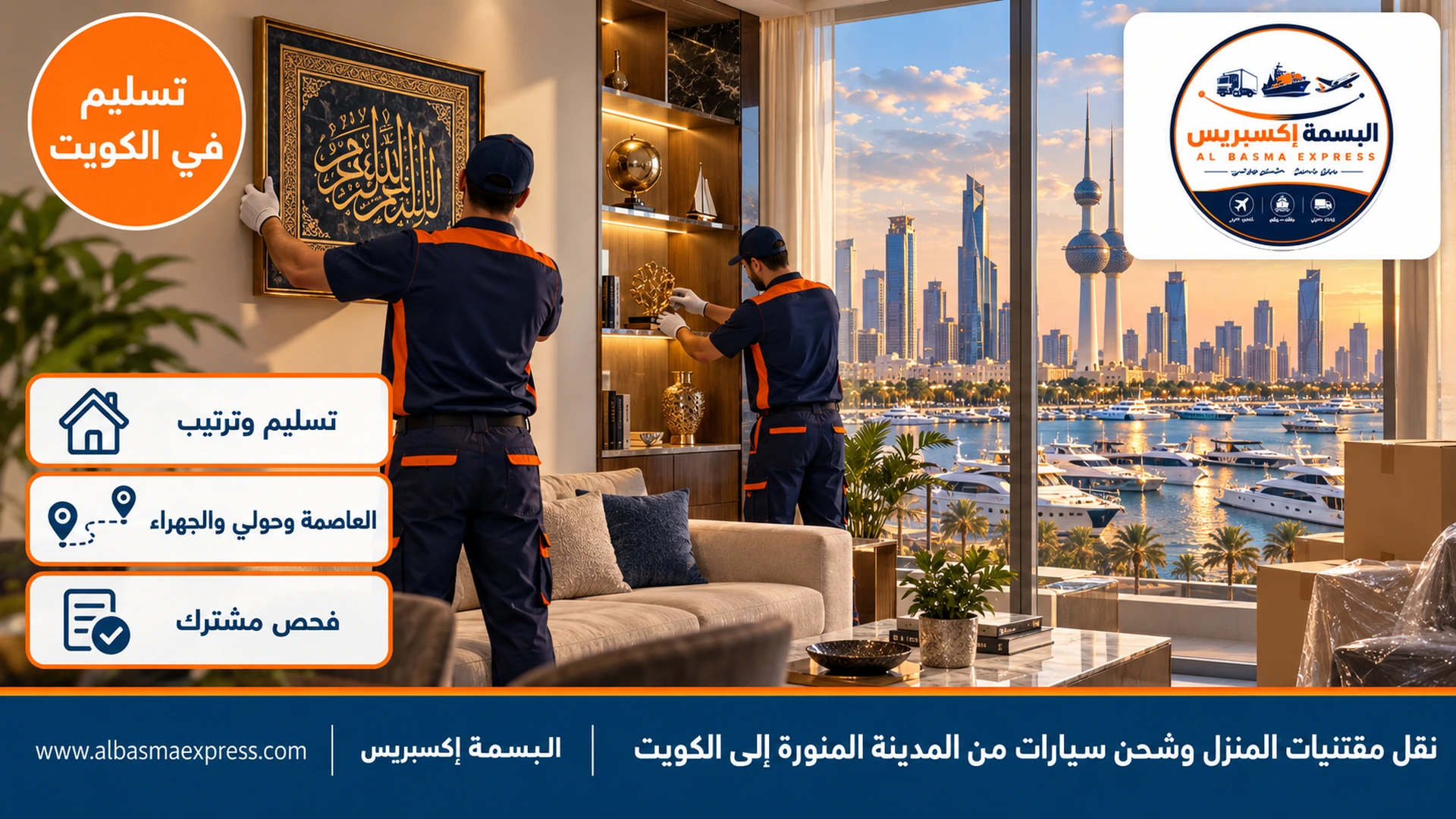 عاملة تعلق لوحة خط عربي على الجدار وعامل يرتب خزانة عرض في شقة حديثة ببرج على مارينا في الكويت