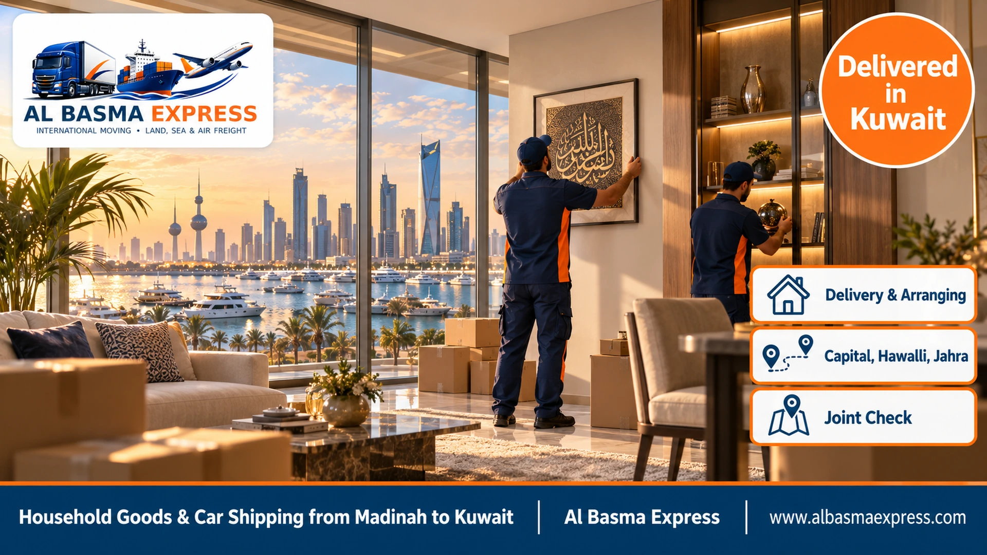 A female worker hanging an Arabic calligraphy panel on the wall and a worker arranging a display cabinet in a modern apartment in a marina tower in Kuwait