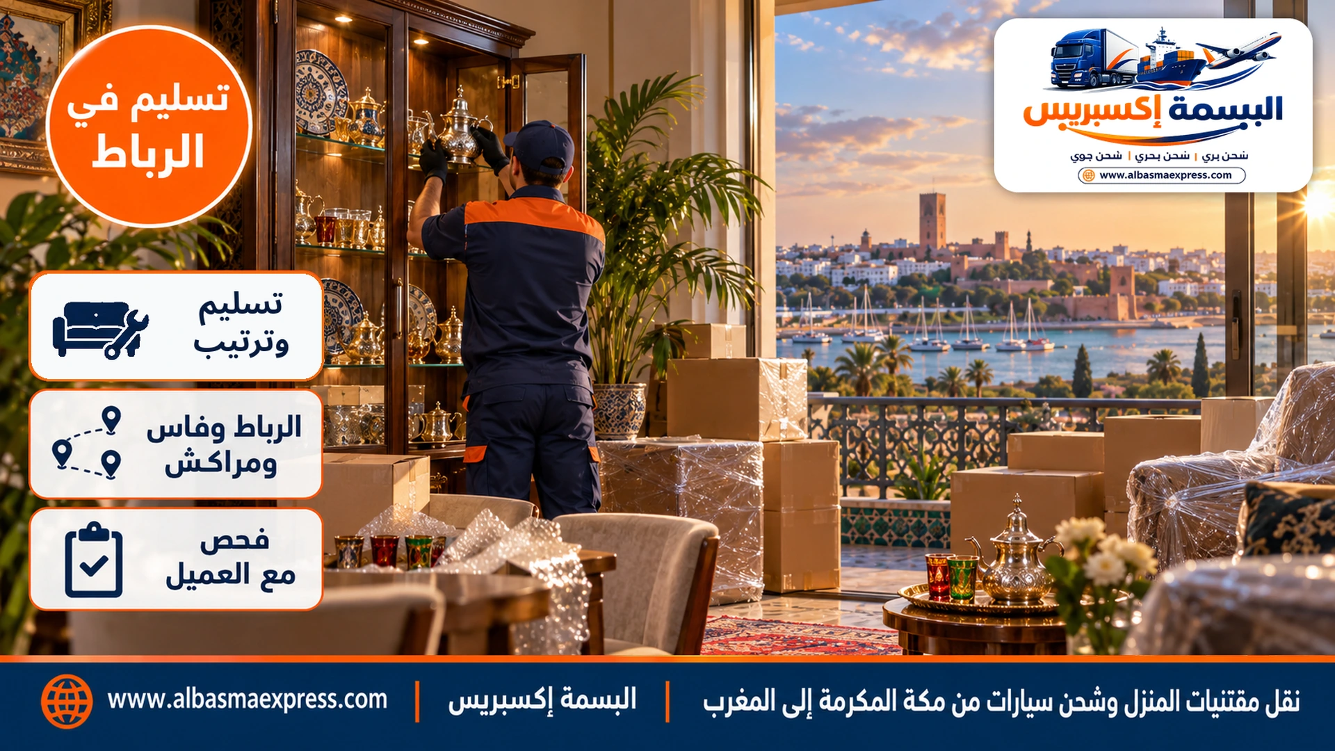 شقة حديثة في الرباط تطل على مصب نهر ومرسى قوارب وعاملة ترتب أباريق وأطقم شاي في خزانة عرض