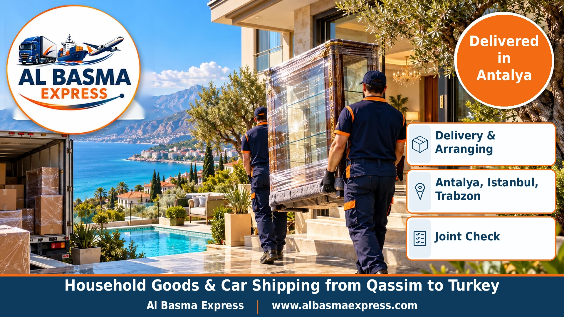 Two workers carrying a wrapped glass display cabinet into a modern villa with a pool and olive garden in Antalya overlooking a turquoise sea