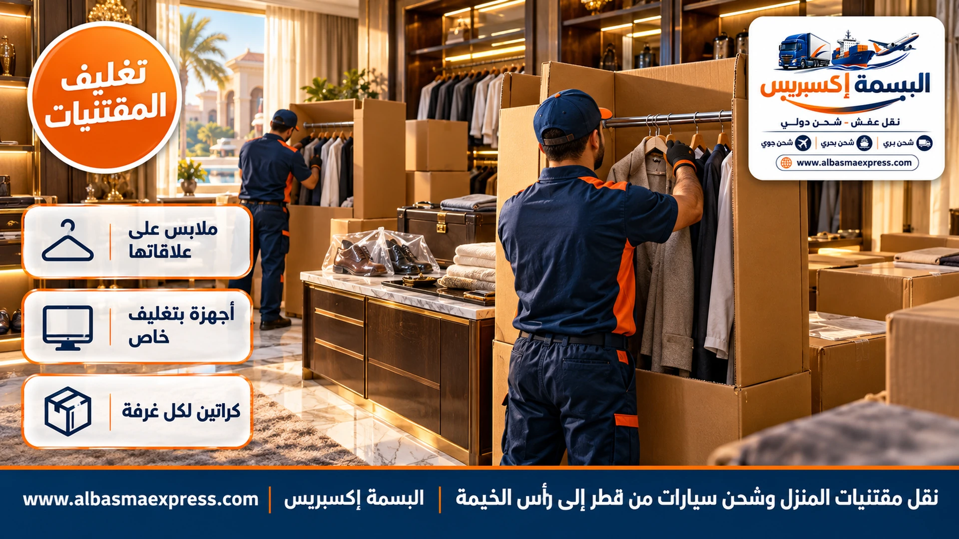 كراتين دواليب بقضبان تعليق تنتقل فيها الملابس على علاقاتها في غرفة ملابس بفيلا قطرية