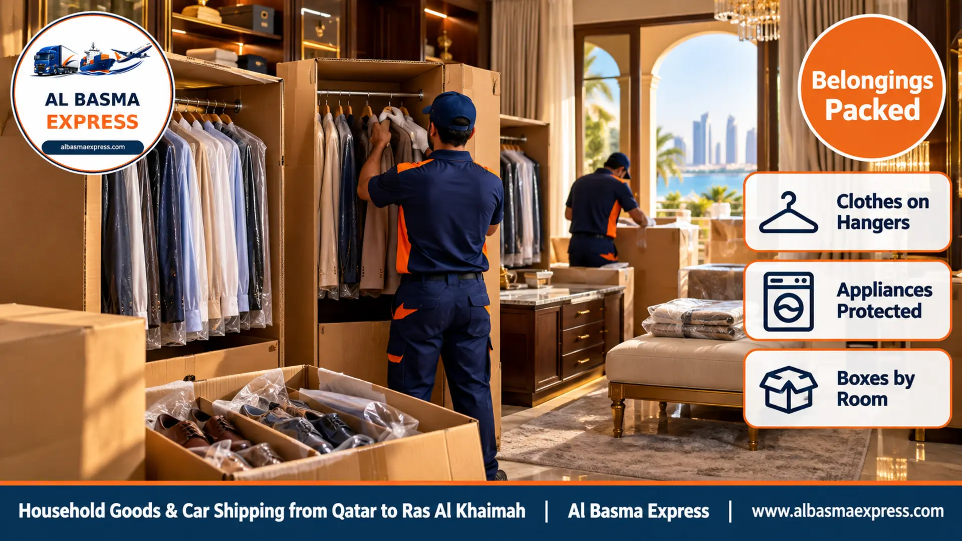 Wardrobe boxes with hanging rails carrying clothes on their hangers in a dressing room in a Qatari villa