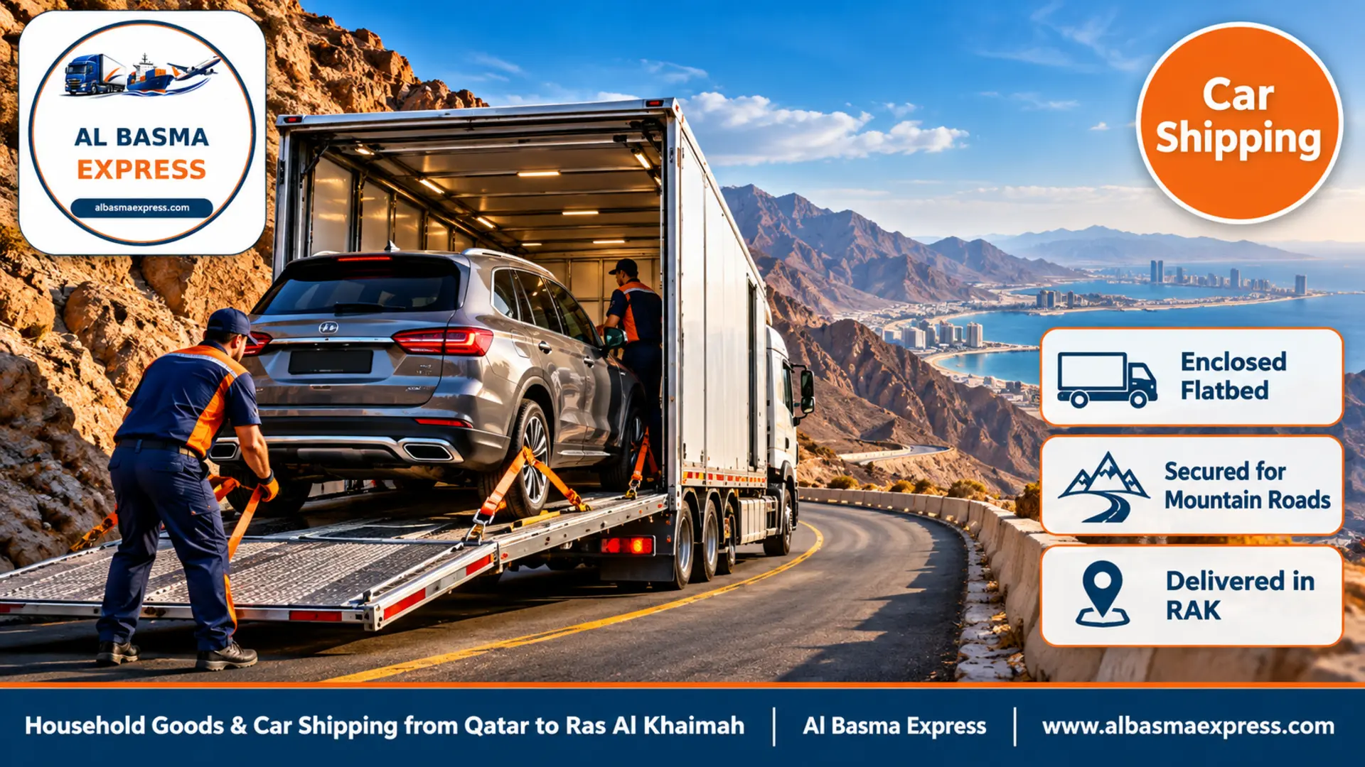 A grey SUV on an enclosed flatbed climbing a mountain road in Ras Al Khaimah