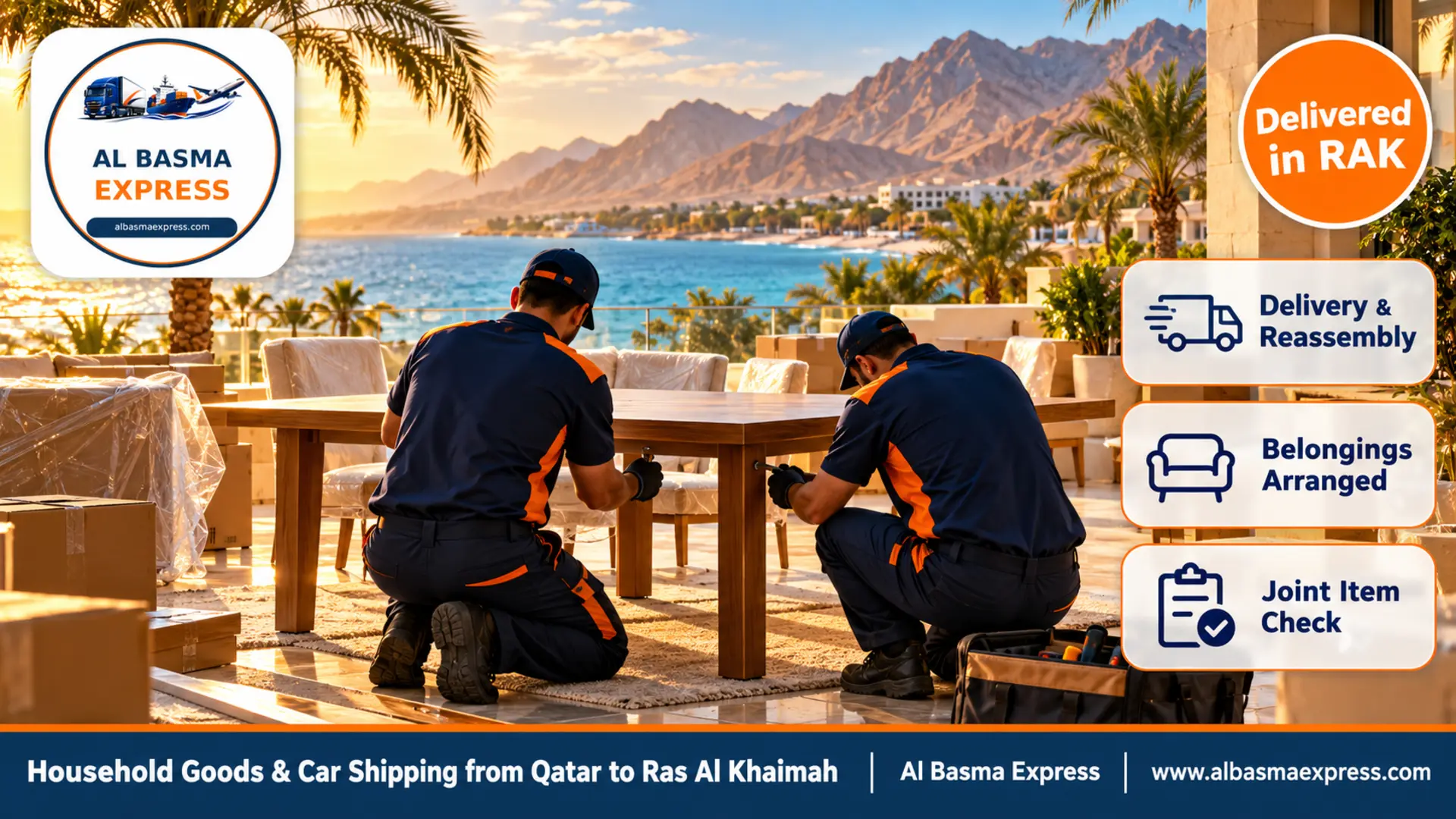 Two workers assembling a table on the terrace of a beachfront villa in Ras Al Khaimah with mountains behind