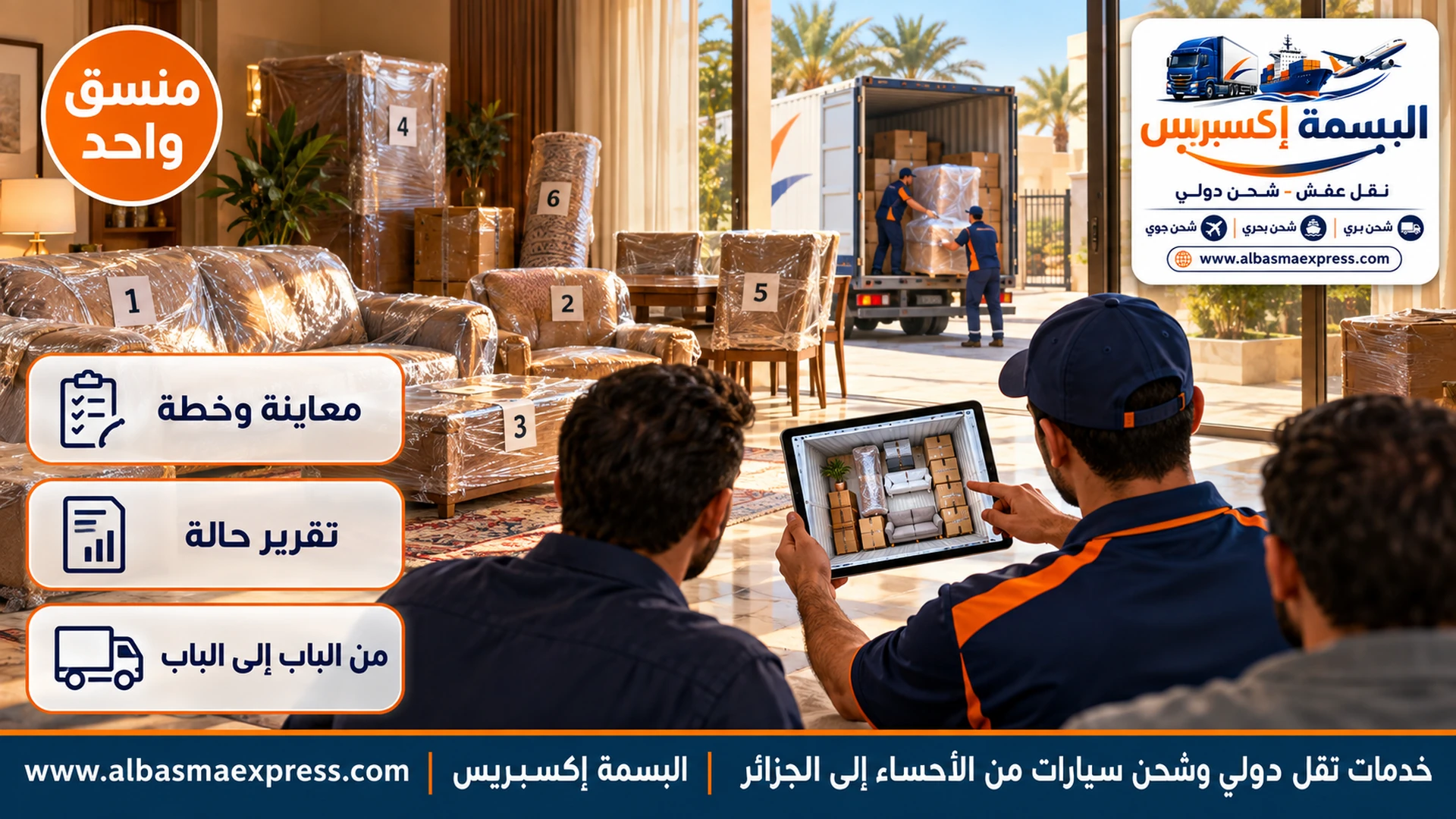 موظف معاينة يعرض على عائلة خطة الحاوية على جهاز لوحي في صالة بيت بالهفوف وأثاث بملصقات أرقام في الخلفية