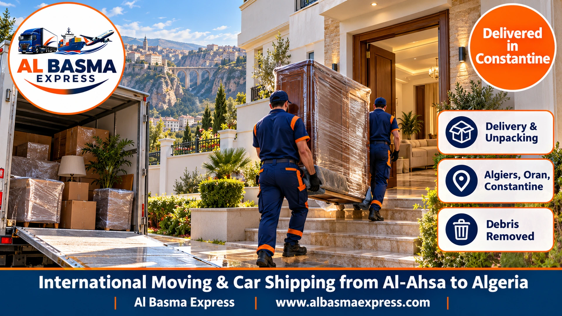 Two workers carrying a wrapped wardrobe into a modern two-storey Algerian villa with a front garden and white wall in a Constantine suburb