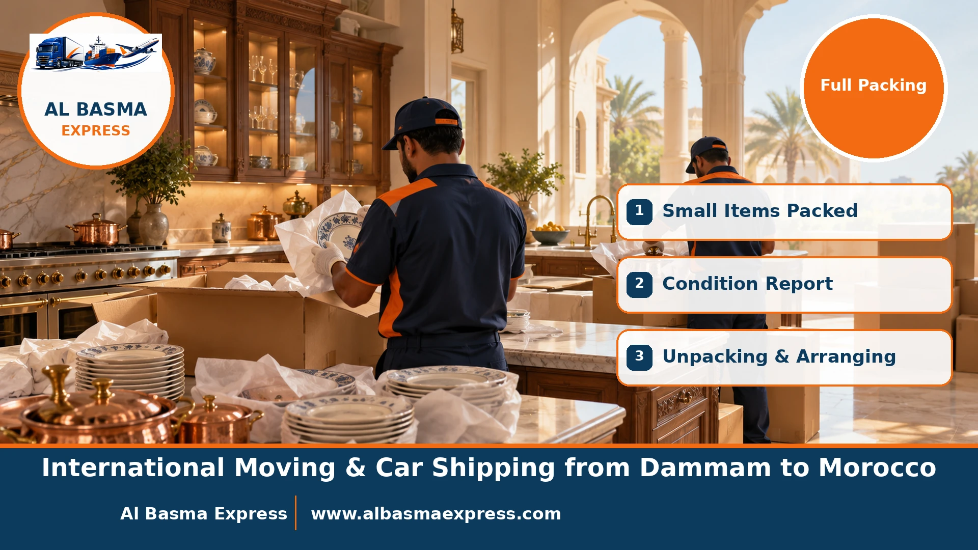 Two female packers wrapping china sets and copper pots piece by piece in a Dammam villa kitchen and placing them in double-wall boxes