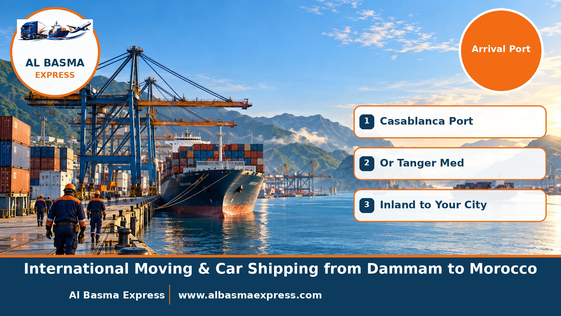 A huge modern port on a strait with giant cranes and container ships and green mountains behind