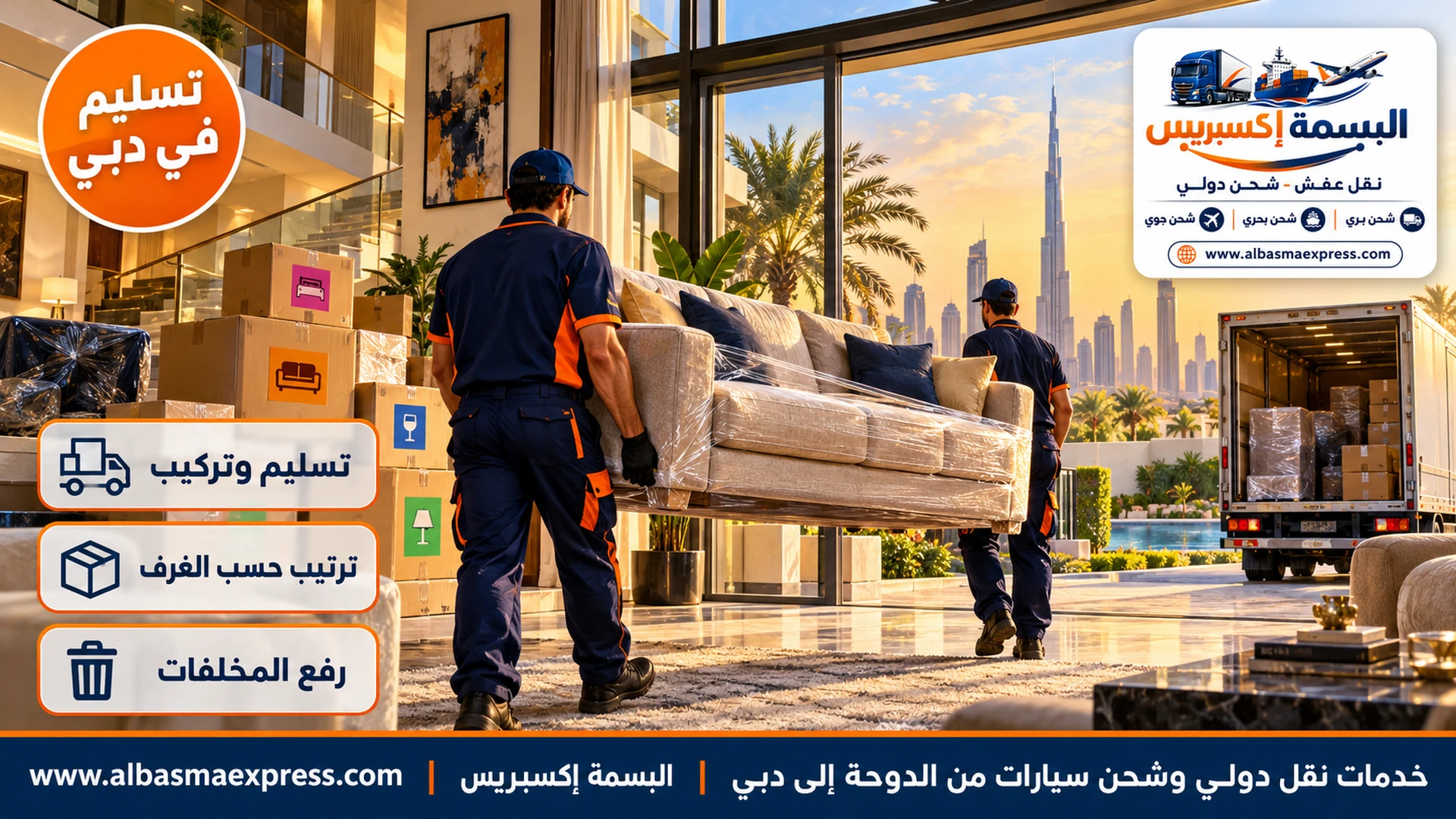 عاملان يركبان كنبة كبيرة في صالة فيلا حديثة بمجتمع سكني في دبي وكراتين مرقمة بألوان حسب الغرف
