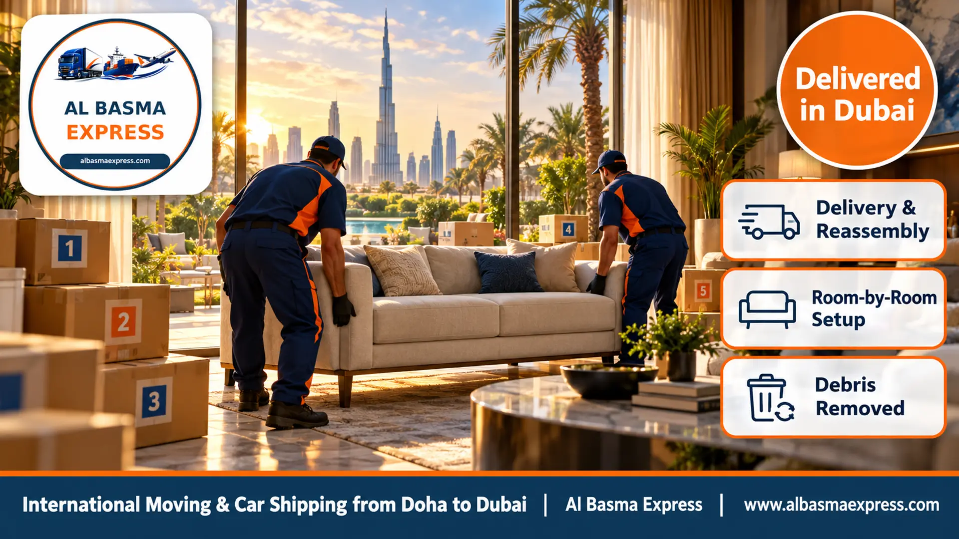 Two workers setting up a large sofa in the living room of a modern villa in a Dubai community with colour-coded numbered boxes