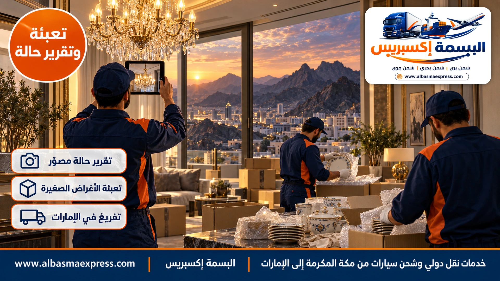 فيلا حديثة في حي العوالي بمكة وجبال بركانية من النافذة وموظفة تصوّر ثريا بجهاز لوحي وعاملتان تعبئان أطقم صيني