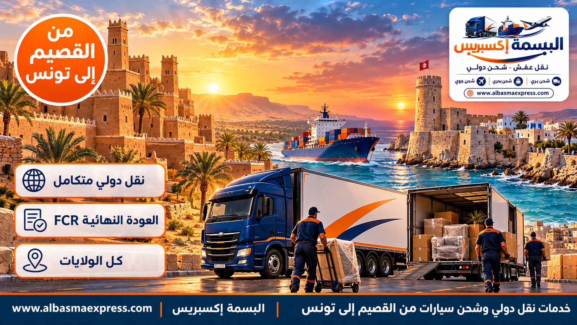 خدمات نقل دولي وشحن سيارات من القصيم إلى تونس: منسق واحد وحاوية من جدة أو الدمام حتى بيتك