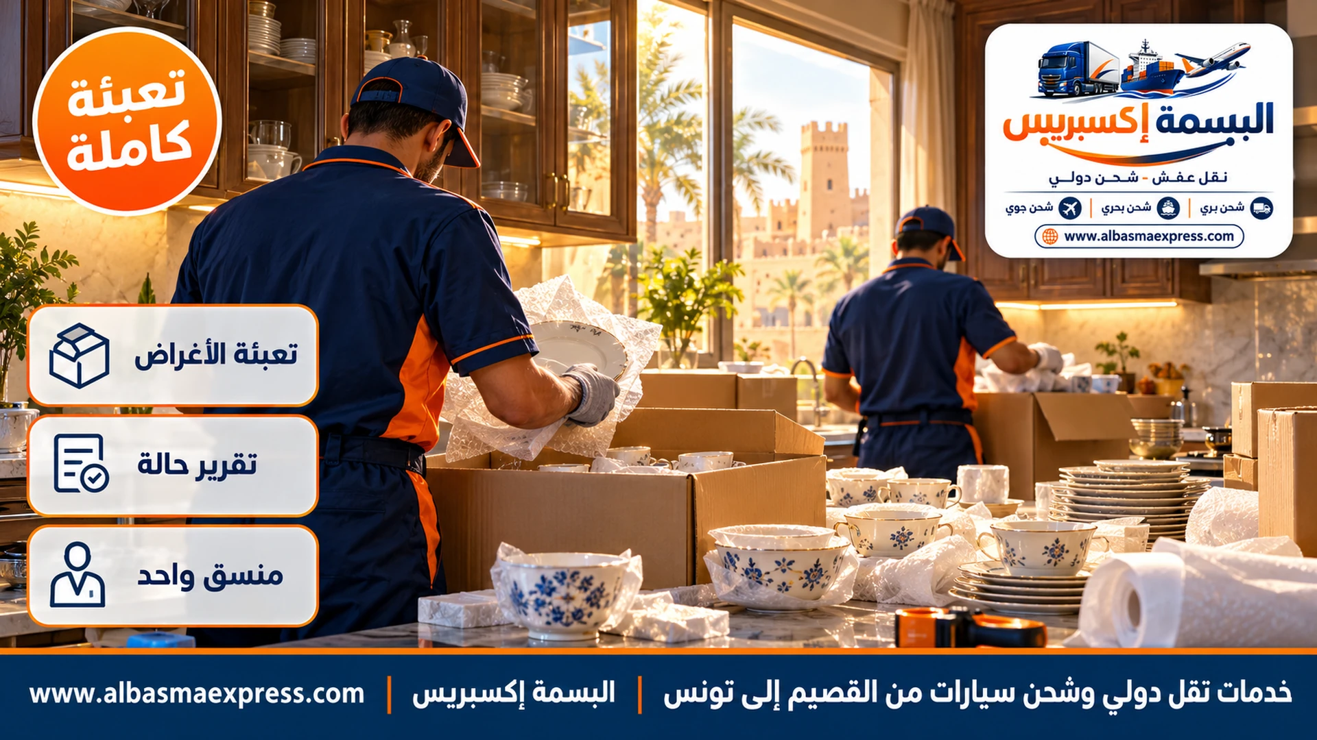 عاملتان تغلفان أطقم أوانٍ خزفية وأكواباً في ورق وترصانها في كراتين مزدوجة في مطبخ بيت بعنيزة