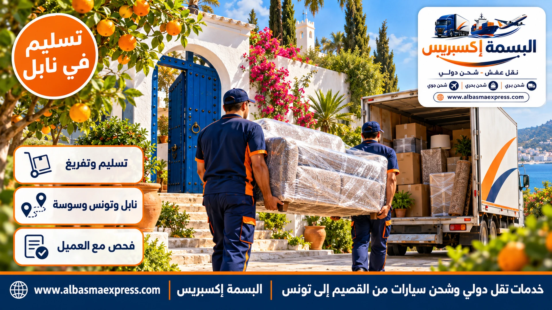عاملان يحملان كنبة مغلفة عبر حديقة أشجار برتقال إلى فيلا تونسية بيضاء ببوابة زرقاء مقوسة في نابل