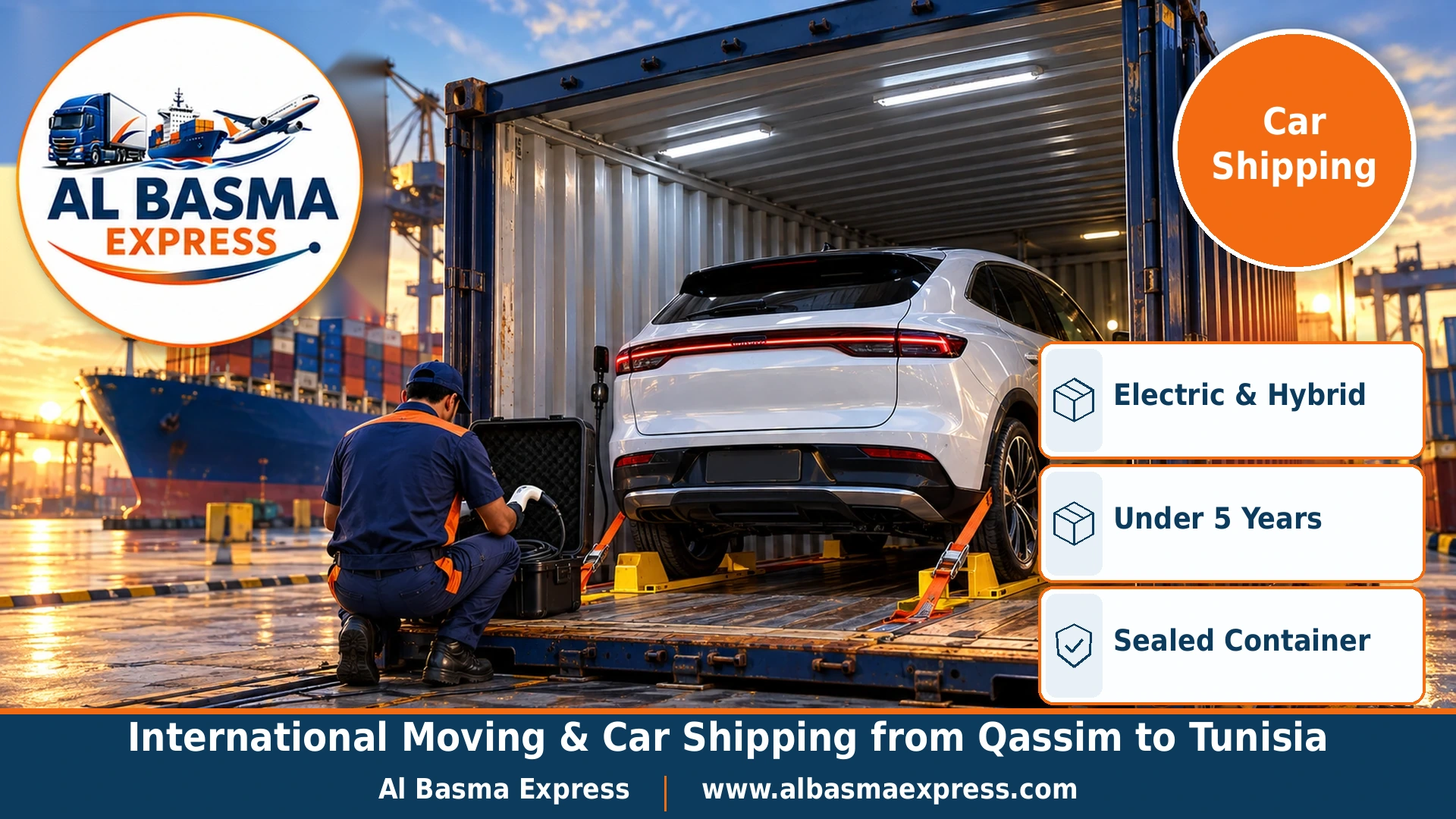 A modern white electric car secured inside a 20ft container with wheel chocks and a worker checking the charging cable in a box beside it