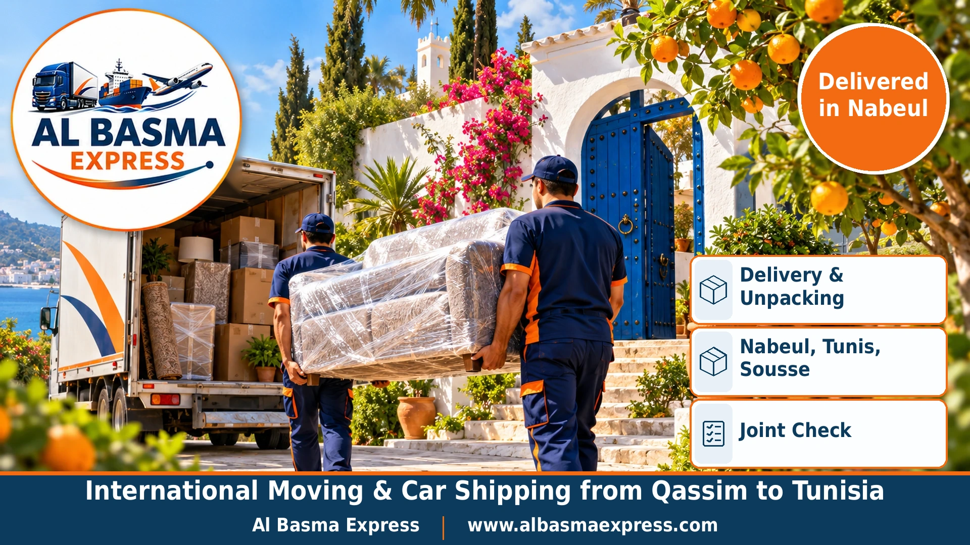 Two workers carrying a wrapped sofa through an orange-tree garden to a white Tunisian villa with a blue arched gate in Nabeul