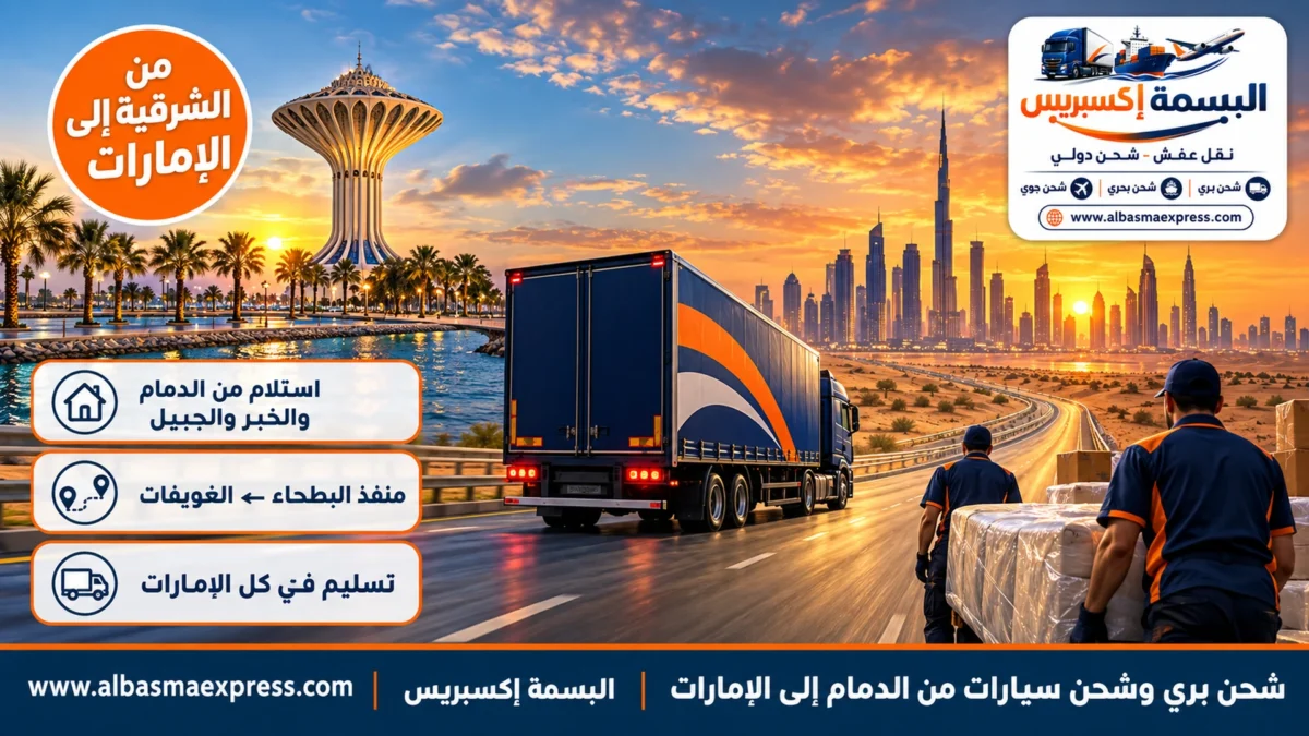 شحن بري وشحن سيارات من الدمام إلى الإمارات: عفش وسيارات وبضائع عبر منفذ البطحاء إلى كل الإمارات
