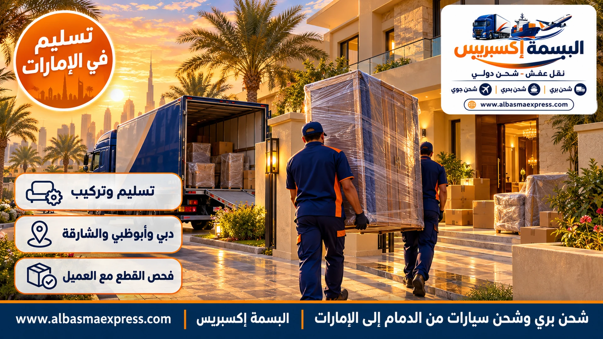 عاملان يحملان دولاباً مغلفاً إلى فيلا حديثة بحديقة نخيل في مجتمع سكني إماراتي