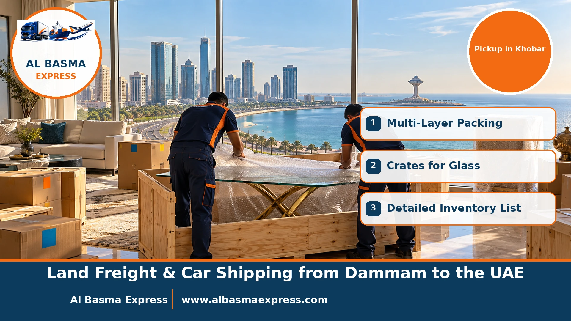 Wrapping a glass table in bubble wrap and placing it in a wooden crate in an Al Khobar Corniche tower apartment