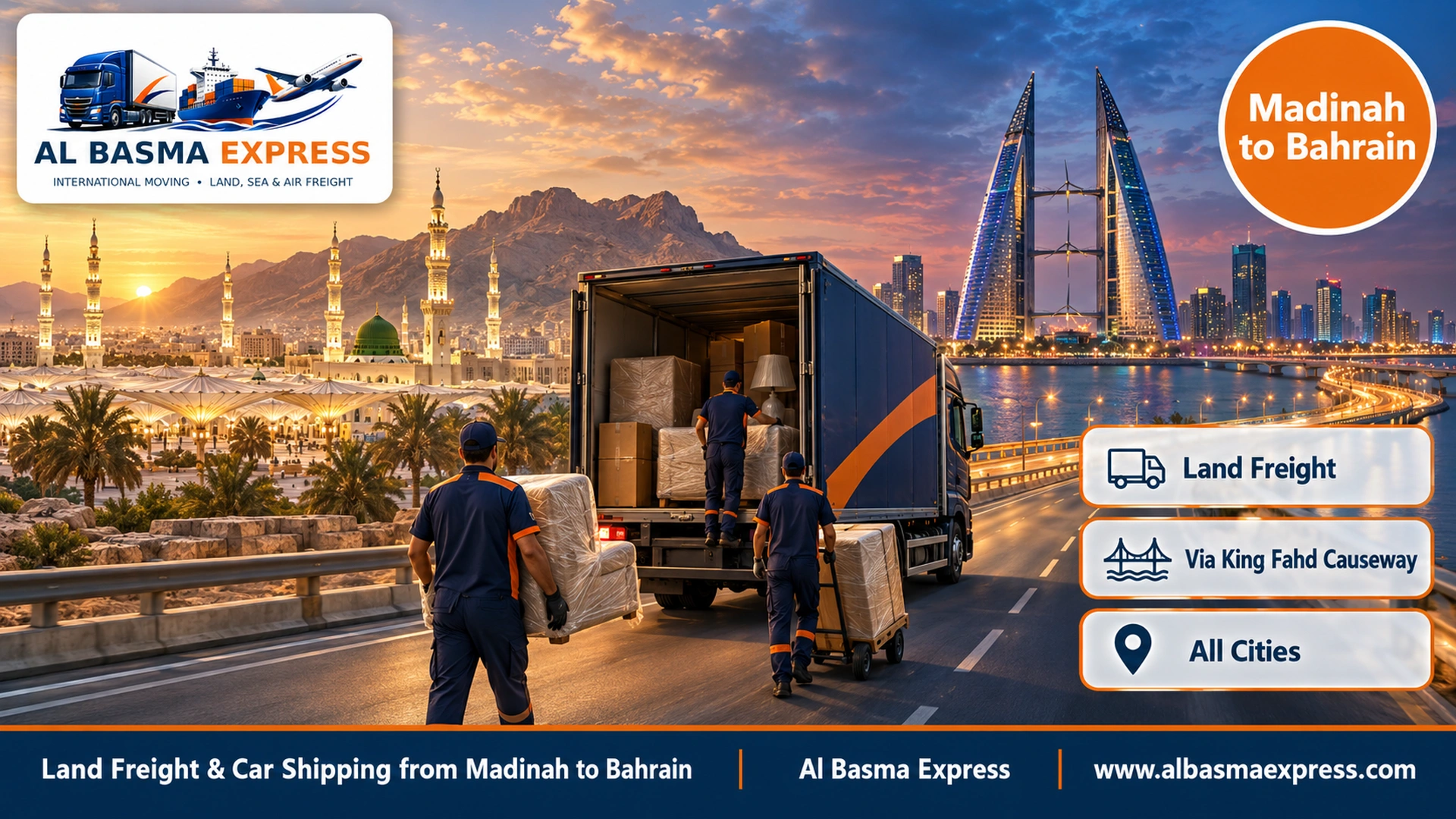Land Freight & Car Shipping from Madinah to Bahrain | Dates, Goods, Furniture and Cars via the King Fahd Causeway