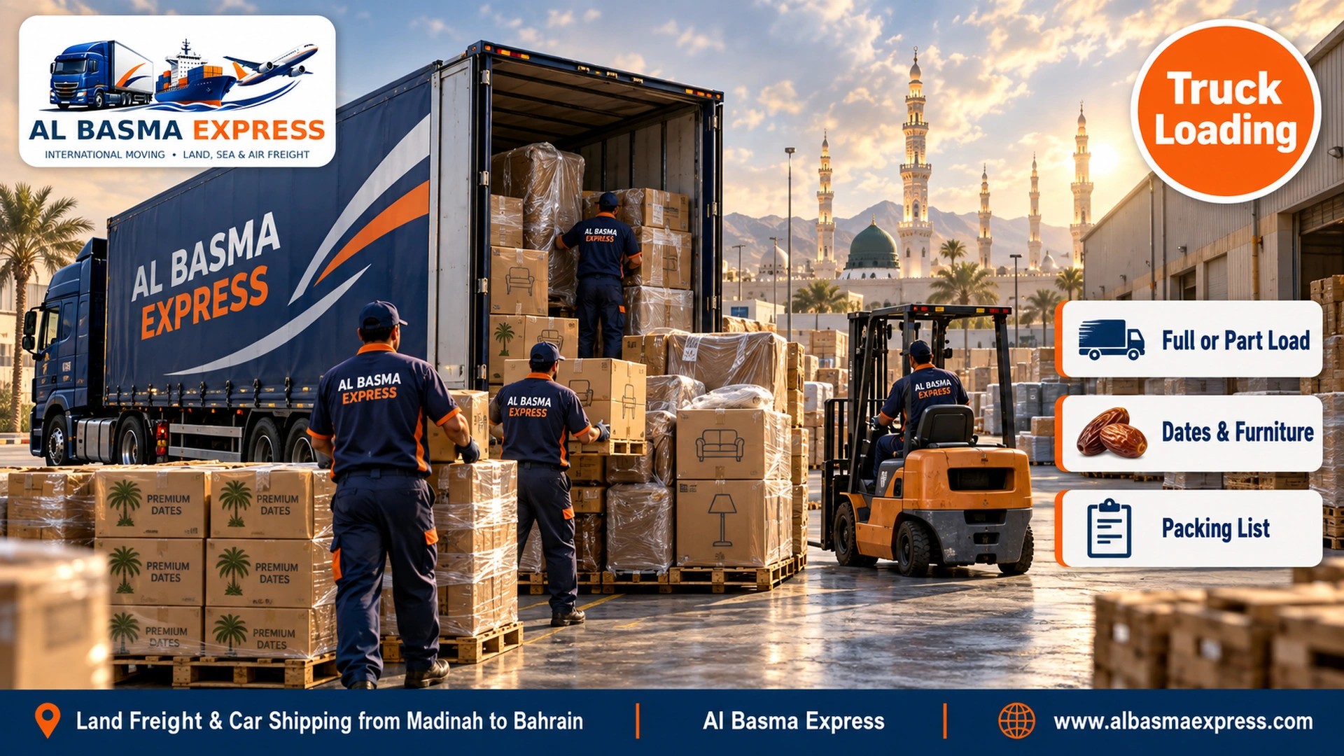 A long navy truck in a loading yard in a Madinah industrial area with workers stacking pallets of date boxes and furniture cartons tightly and a forklift