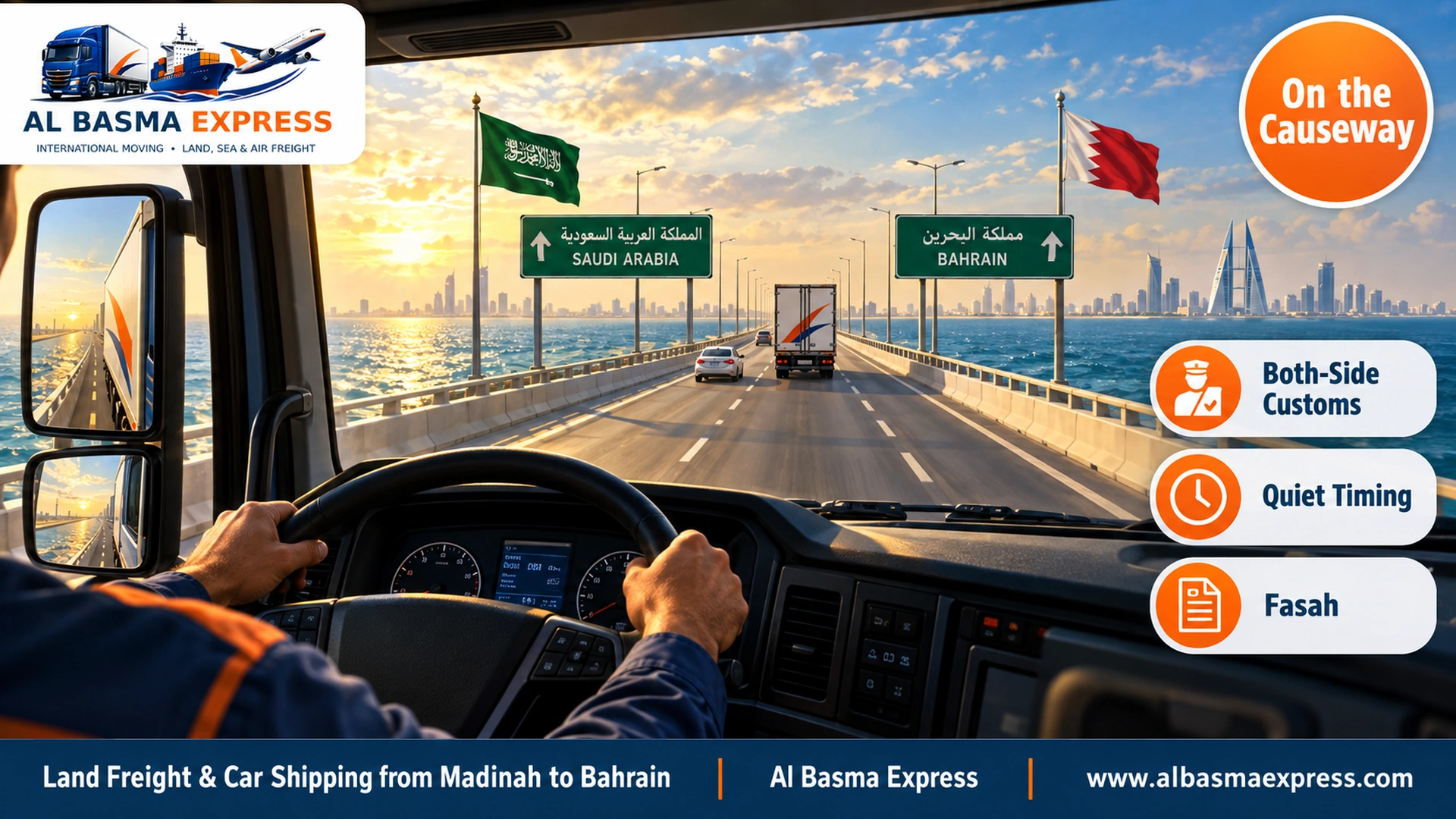 A view from inside the truck cab towards the sea causeway stretching ahead with the sea on both sides in the morning and the driver's hands on the wheel