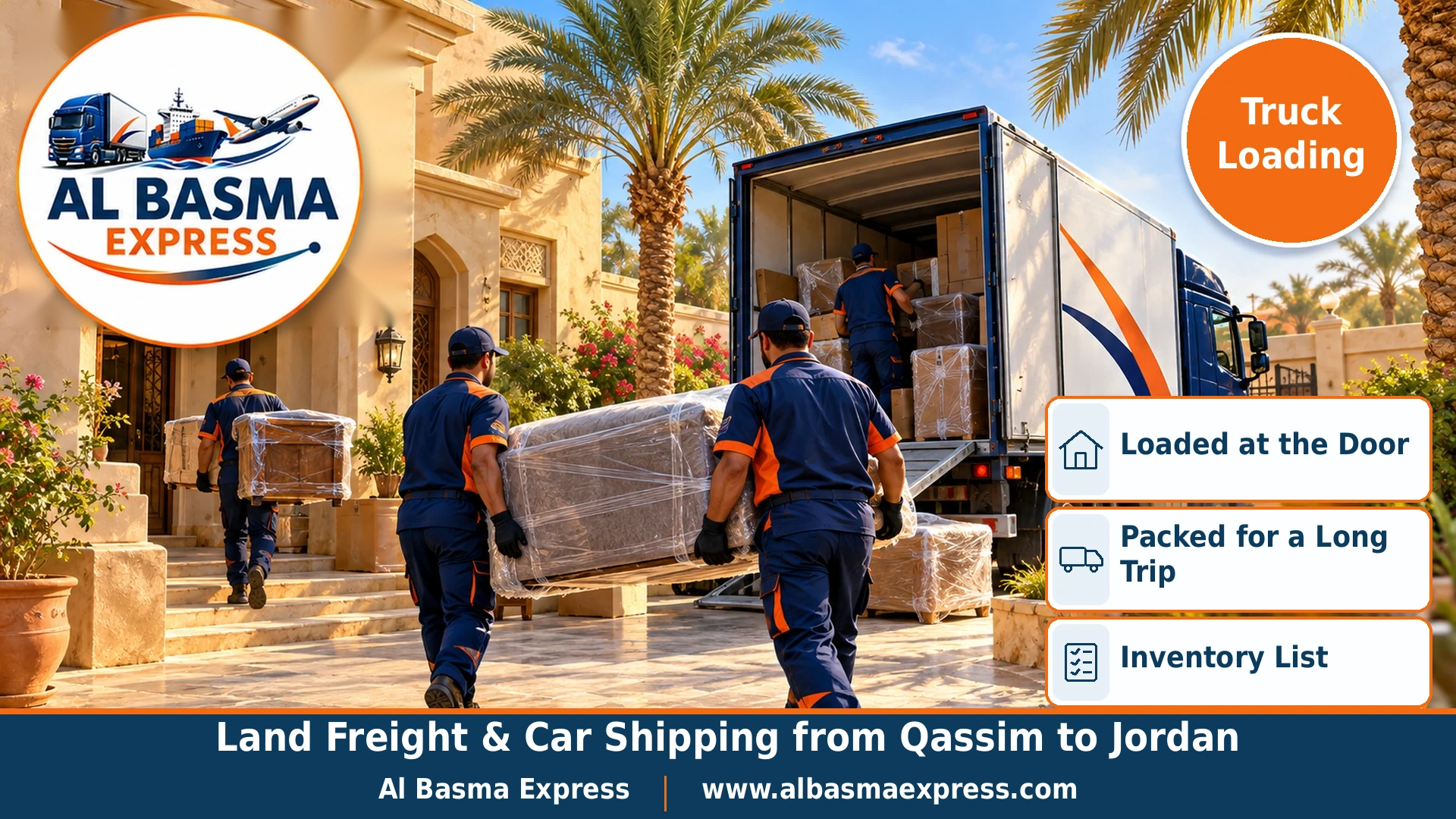 A spacious country house in Unaizah with a courtyard and two palm trees, a navy truck at the door and workers carrying a wrapped sofa and table across the courtyard