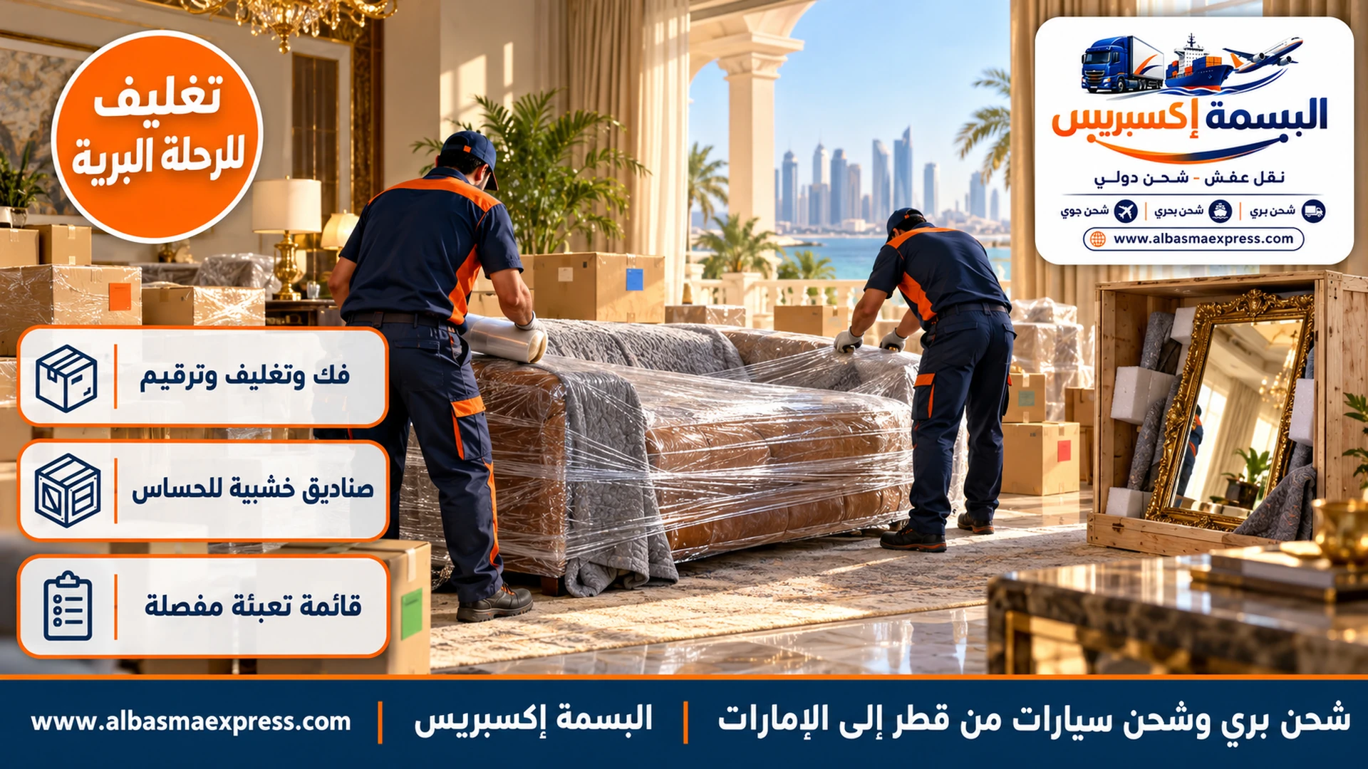 تغليف كنبة جلدية وصناديق مرقمة في فيلا قطرية قبل شحنها إلى الإمارات