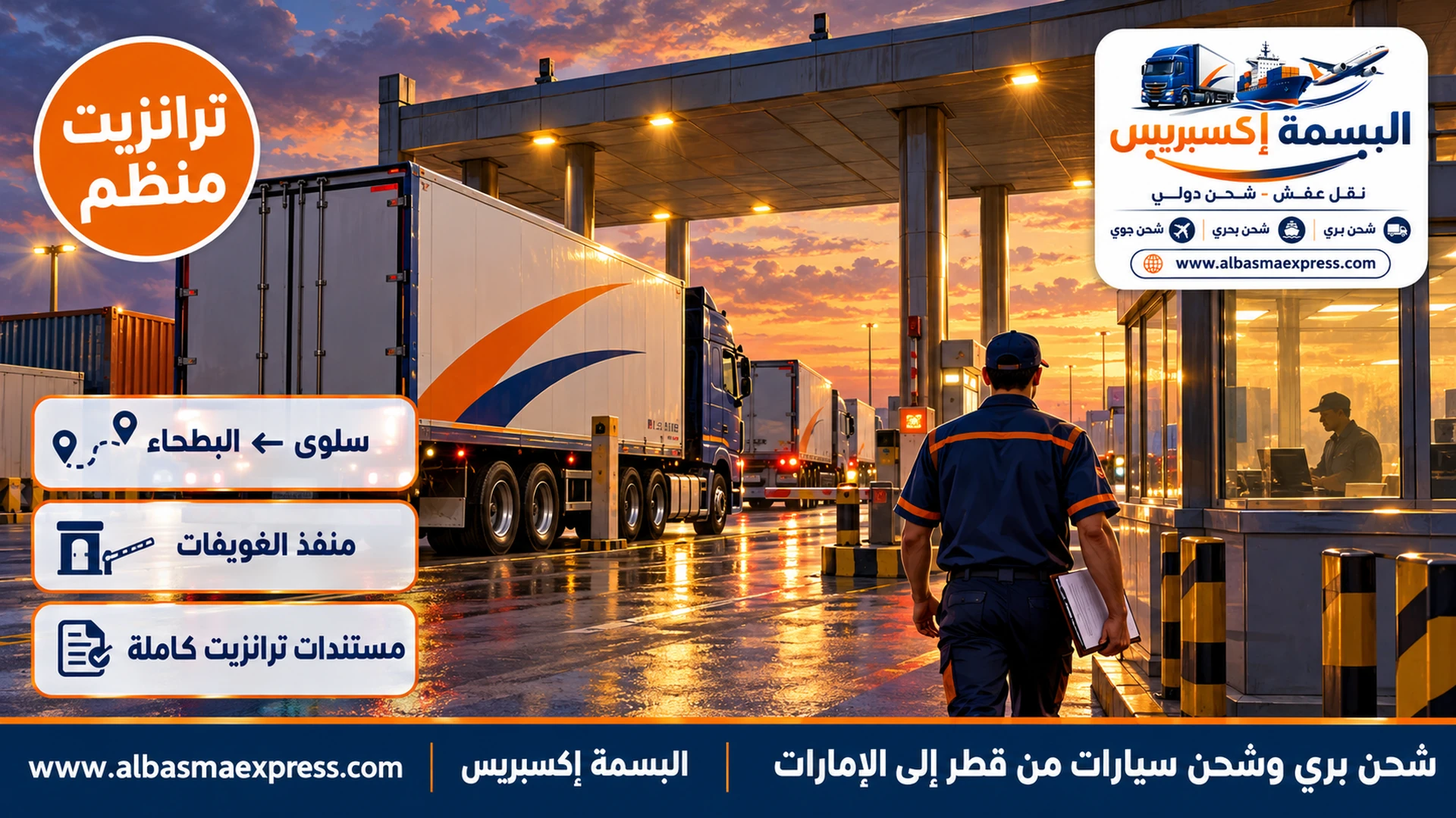 شاحنات نقل في ساحة منفذ حدودي بري أثناء عبور ترانزيت من قطر إلى الإمارات عبر السعودية