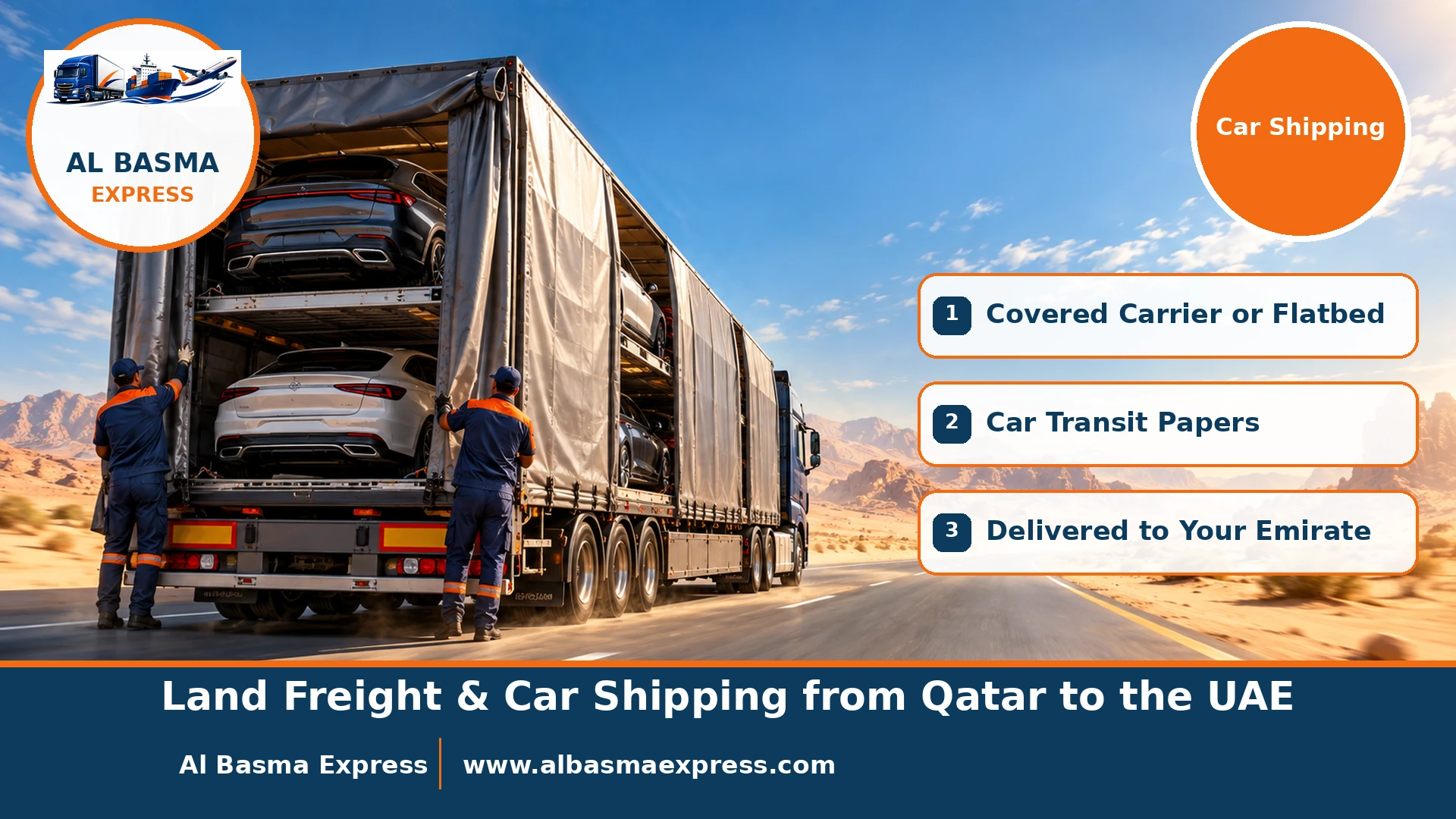 A covered car carrier on a desert highway on its way from Qatar to the UAE