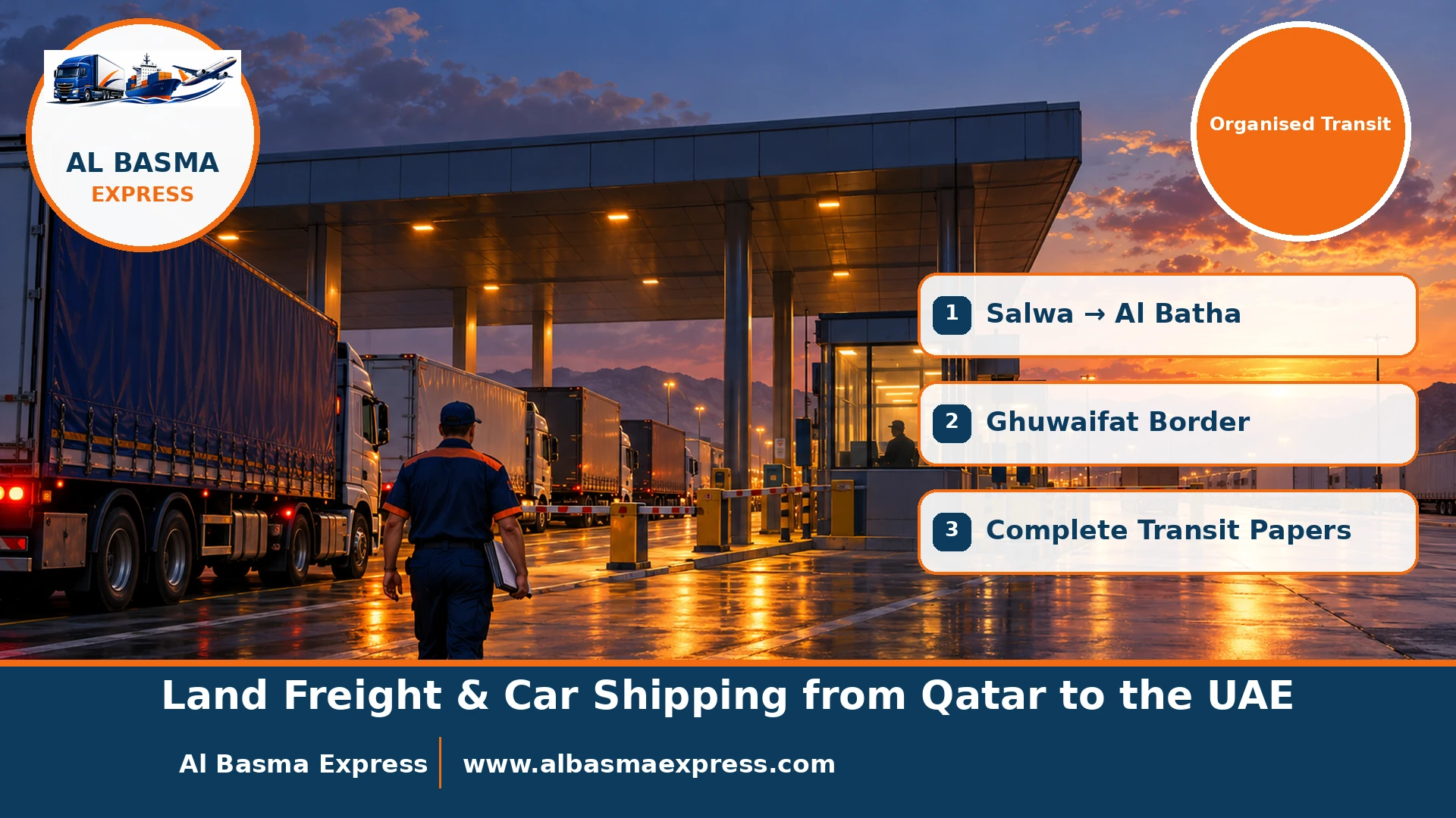 Moving trucks at a land border plaza during transit from Qatar to the UAE via Saudi Arabia