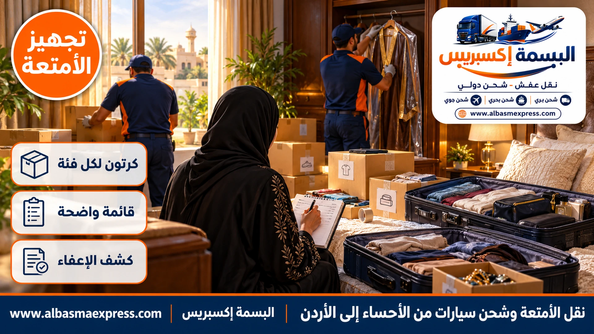 حقائب سفر مفتوحة وكراتين صغيرة مرقمة وامرأة تسجل محتوى كل كرتون في دفتر وبشت معلق في كيس ملابس شفاف