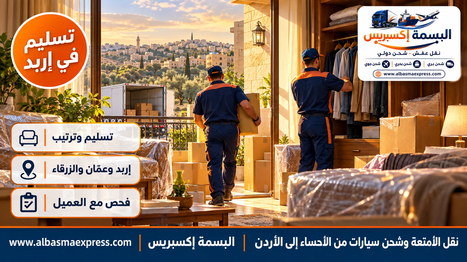 عامل يدخل كرتوناً وآخر يعلق ملابس في دولاب في شقة بعمارة حجرية عسلية في إربد بشرفة تطل على تلال زيتون