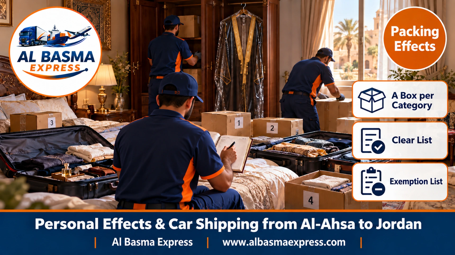 Open suitcases and small numbered boxes with a woman recording each box's contents in a notebook and a bisht hanging in a clear garment bag