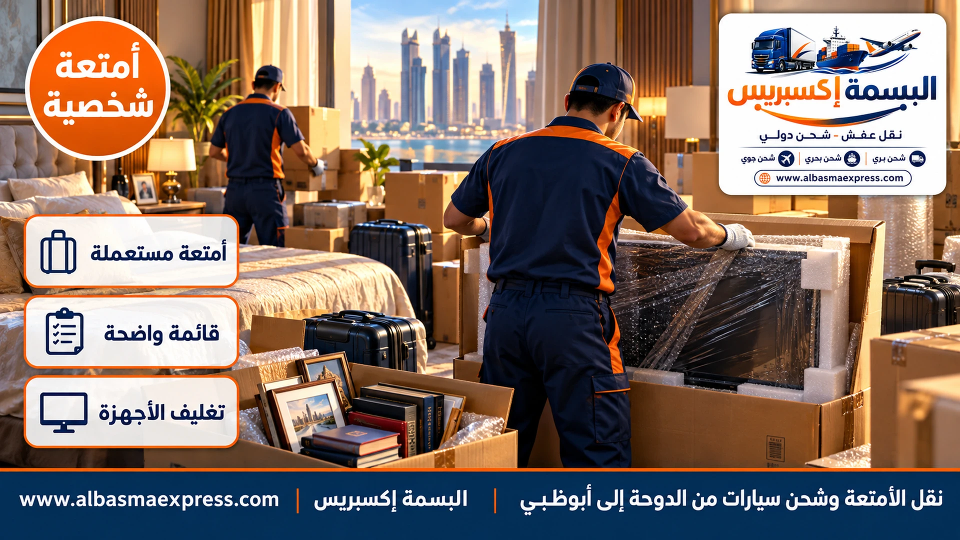 حقائب سفر وكراتين أمتعة مرقمة وتغليف شاشة في كرتون مخصص وألبومات صور في غرفة نوم بشقة في الدوحة