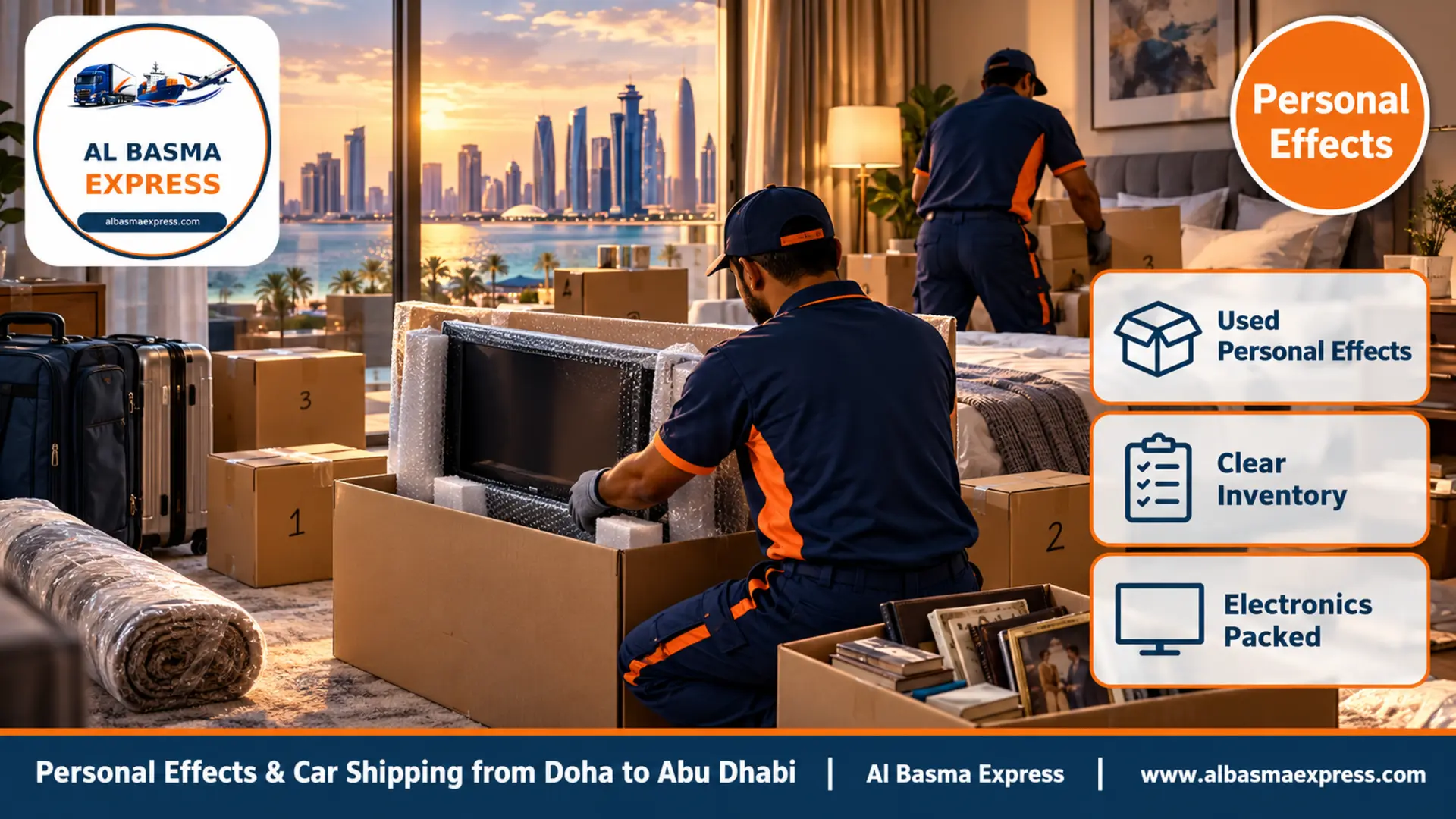 Suitcases and numbered boxes of personal effects, a TV being packed in a dedicated box and photo albums in a Doha apartment bedroom