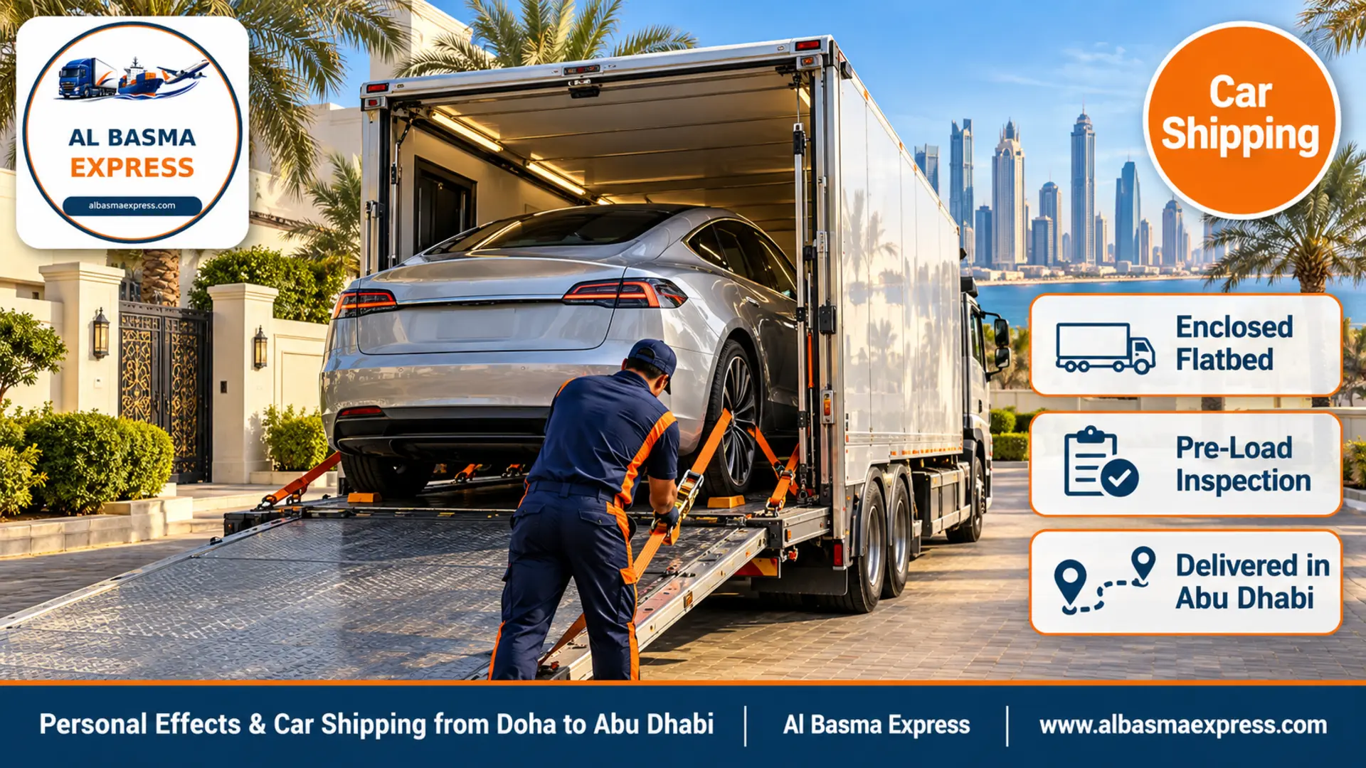 A silver electric car on an enclosed flatbed outside a residential compound in Doha in the morning
