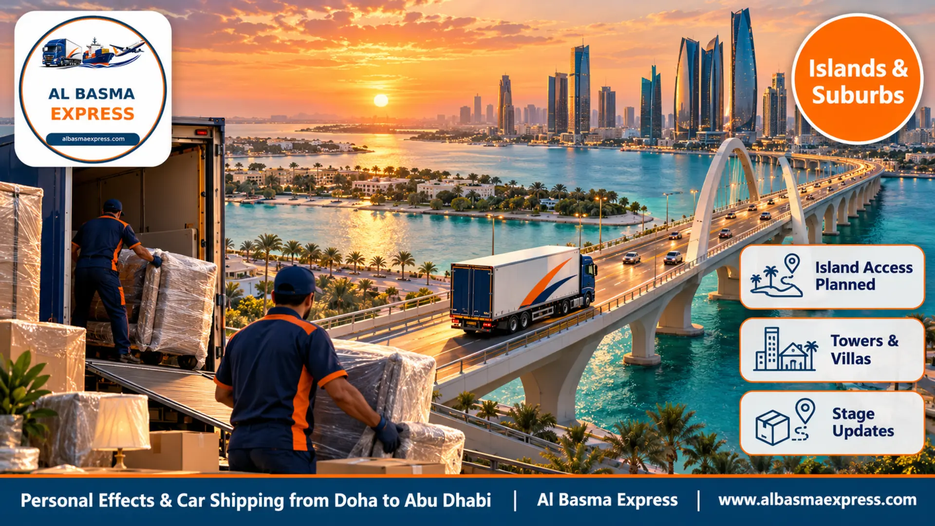An aerial view of a modern bridge linking Abu Dhabi island to the mainland at sunset with a navy truck crossing it