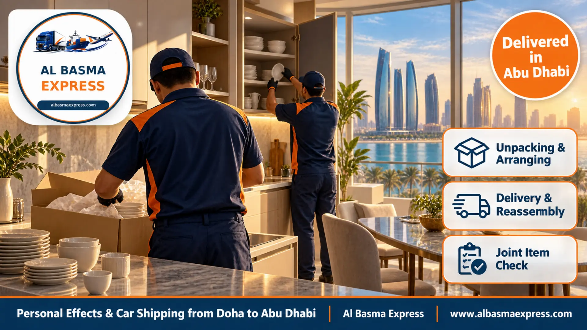 Two workers opening a kitchen box and arranging crockery in the cupboards of a waterfront tower apartment in Abu Dhabi