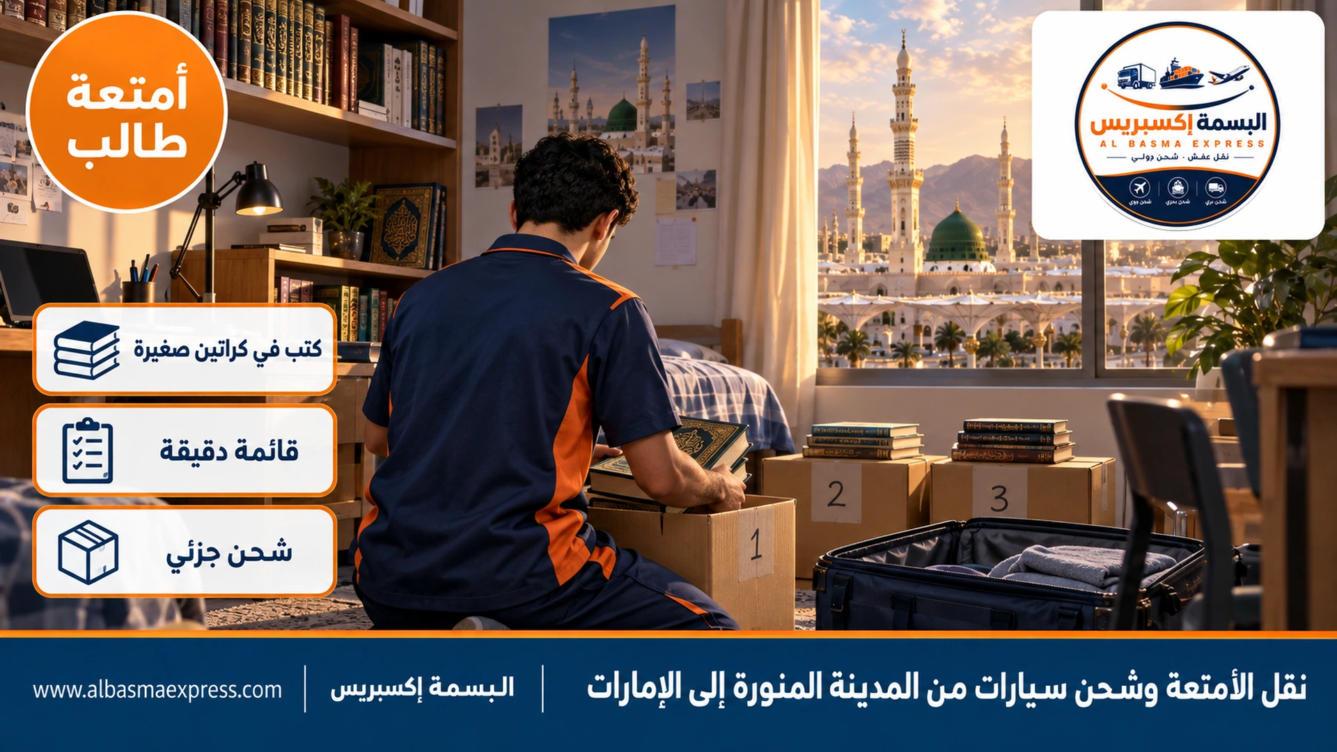 طالب يرص كتباً شرعية ومصاحف في كراتين صغيرة مرقمة في غرفة سكن جامعي بالمدينة المنورة وحقيبة سفر مفتوحة