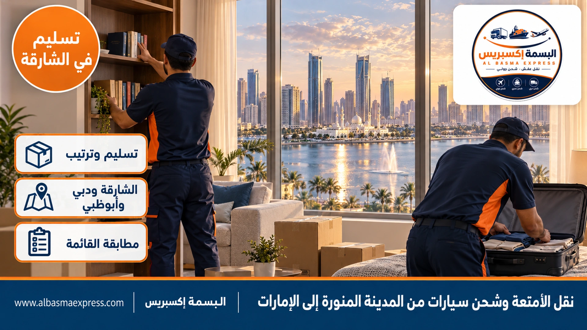 عامل يرتب كتباً على رفوف مكتبة جديدة وآخر يفتح حقيبة ملابس في شقة ببرج على بحيرة بالشارقة