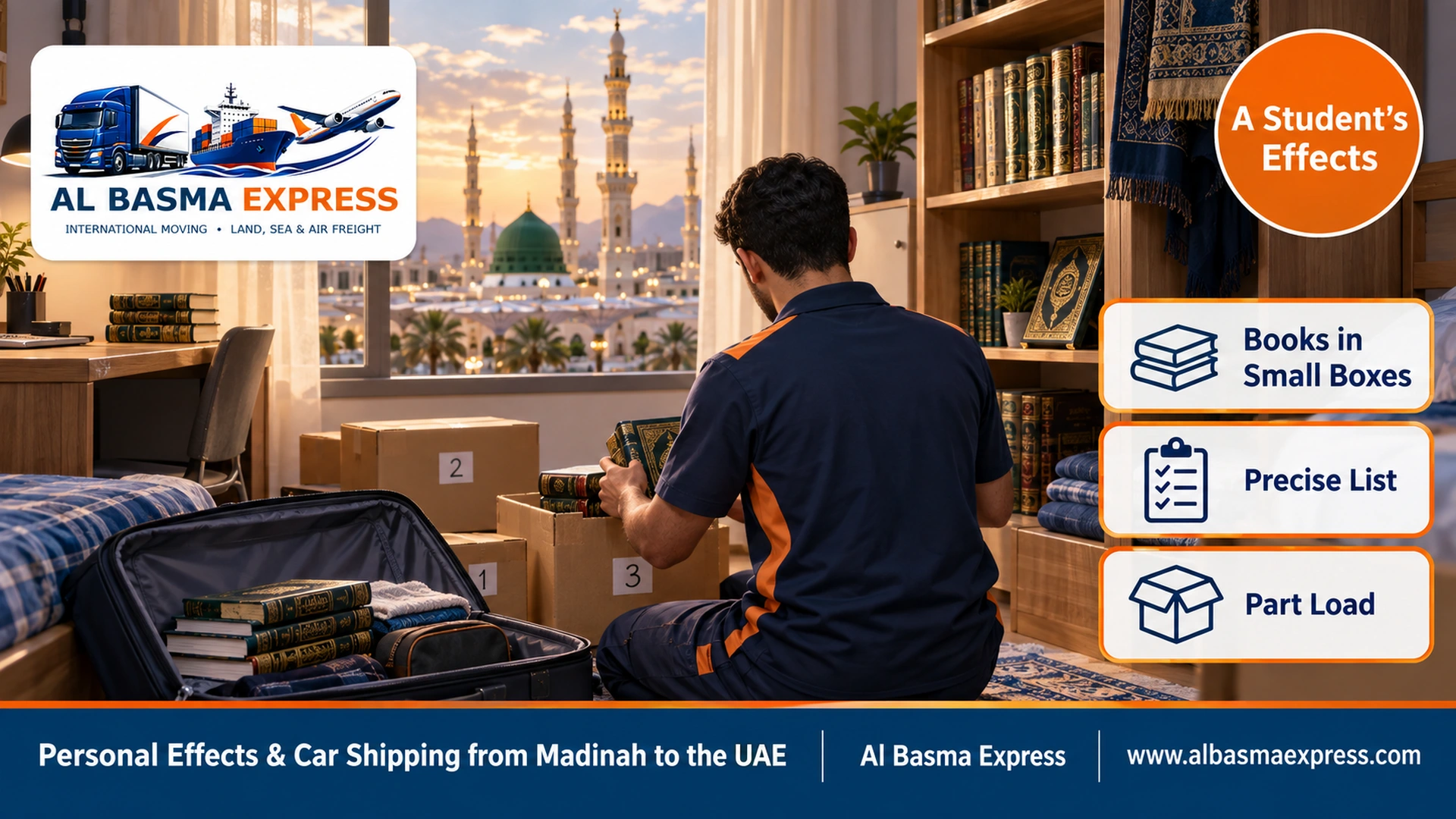 A student packing Islamic books and Qurans into small numbered boxes in a university dorm room in Madinah with an open suitcase