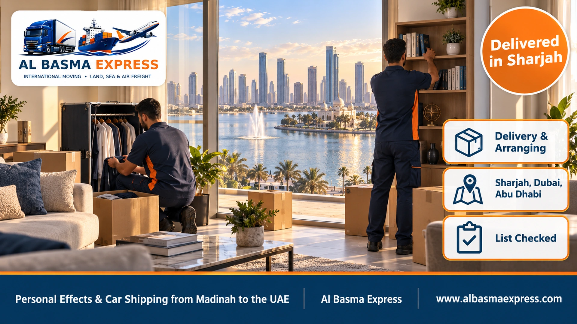 A worker arranging books on a new bookcase and another opening a clothes case in an apartment in a lakeside tower in Sharjah