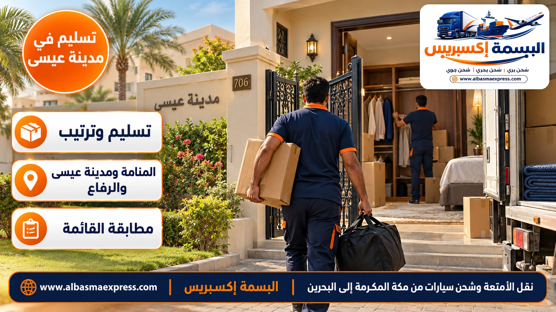 بيت بحريني حديث بحديقة صغيرة وبوابة حديدية في مدينة عيسى وعامل يحمل حقائب وكراتين إلى الداخل وآخر يرتب ملابس في دولاب