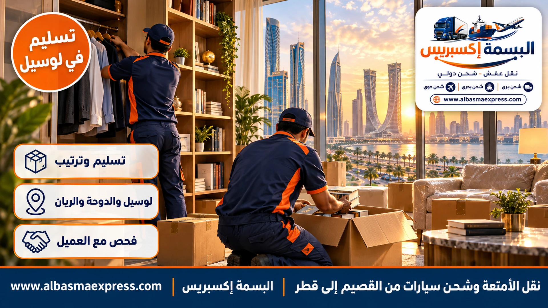 عامل يفتح كرتون كتب أمام مكتبة جديدة وآخر يعلق ملابس في دولاب في شقة ببرج في لوسيل بنوافذ من الأرض للسقف